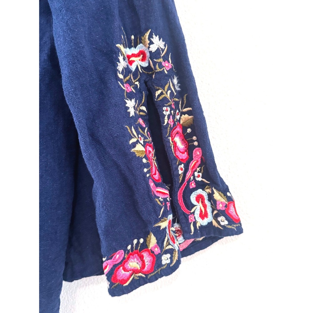Market & Spruce | Navy Linen Kimono Floral Embroidered Cardigan Top - Picture 4 of 5